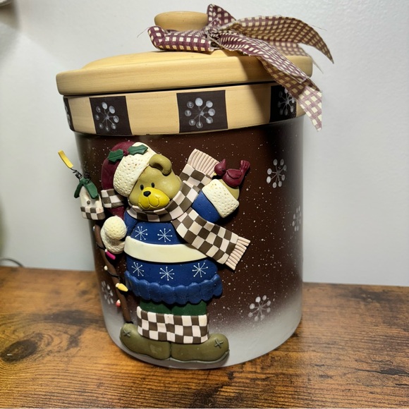 Vintage Holiday 3D Santa Hat Teddy Bear Stoneware Cookie Jar Christmas Winter - Picture 3 of 14